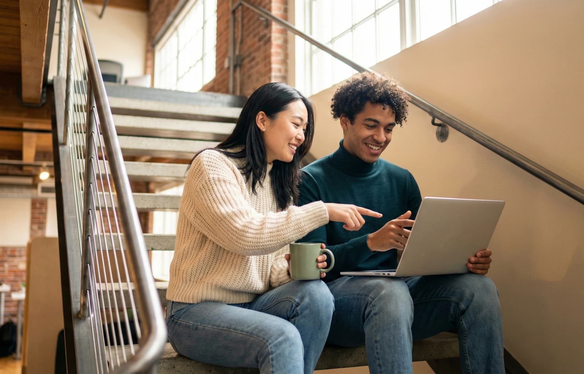 Two business partners collaborating on a WhatsApp reseller platform in a modern office