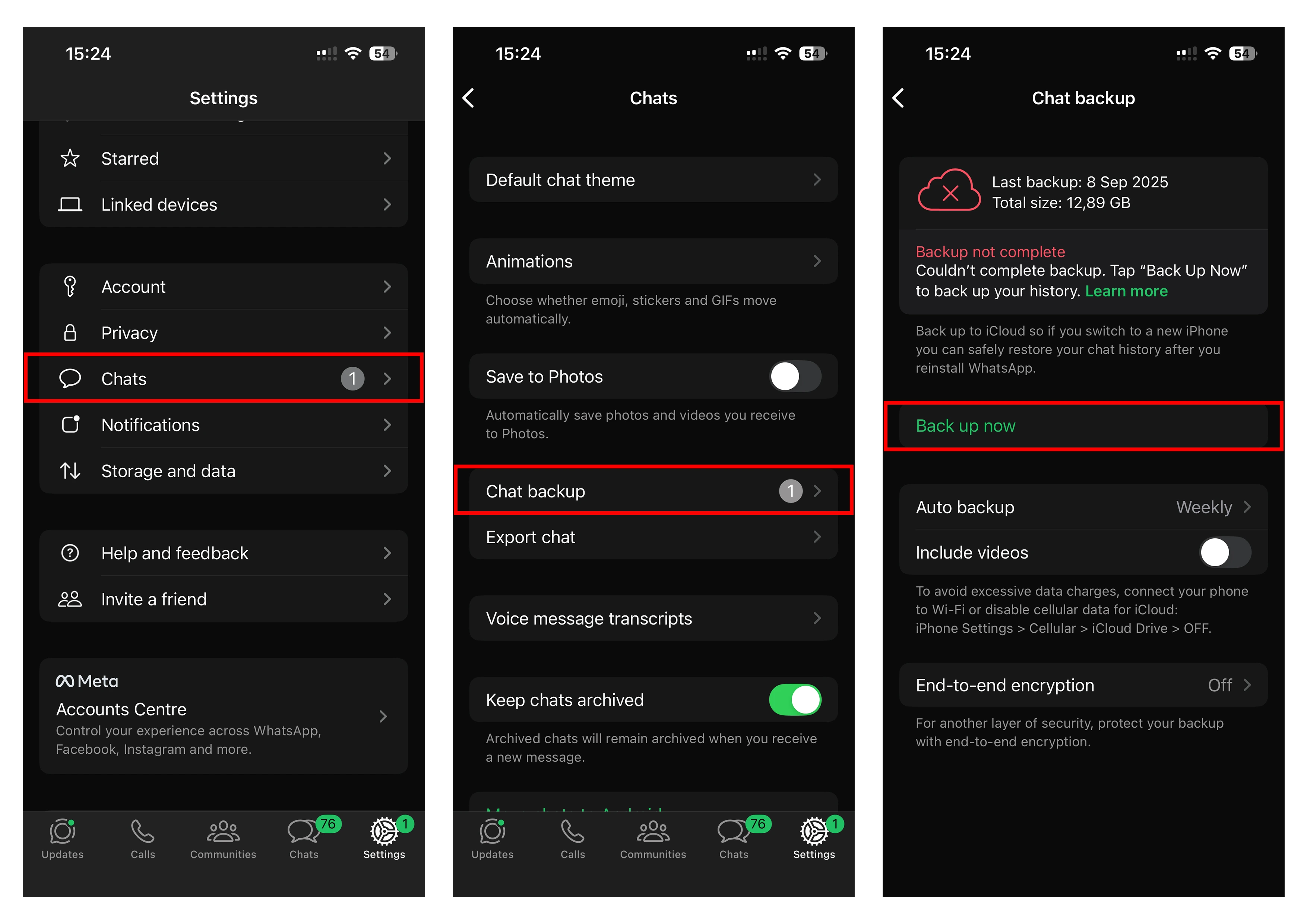Screenshot showing the WhatsApp chat backup screen with the Back Up Now button highlighted