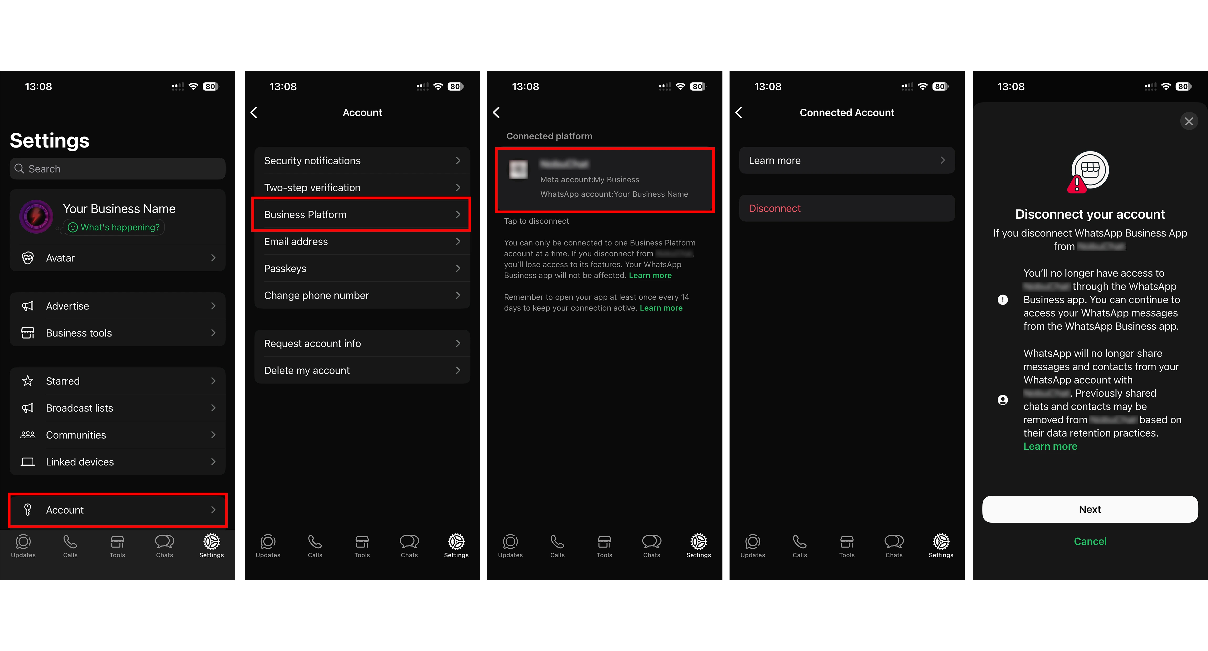 Screenshot showing WhatsApp Business App Settings then Account then Business platform disconnect options