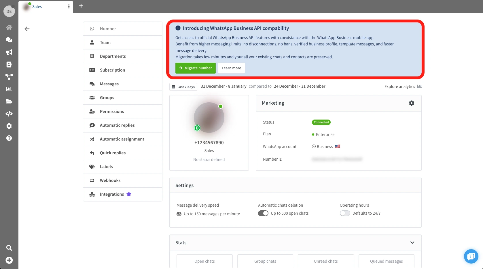 Screenshot showing the WABA migration page with the start migration button and benefits overview