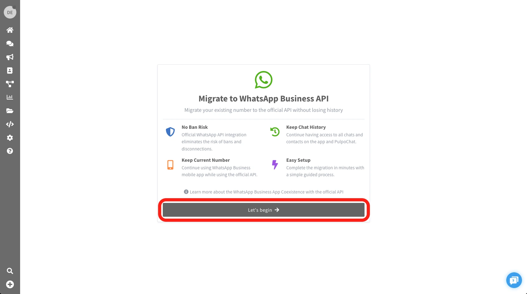 Screenshot showing the intro and benefits screen with the Lets begin button to start migration