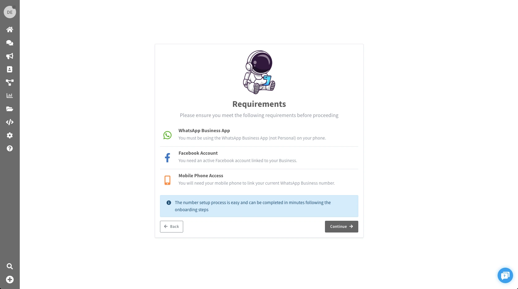 Screenshot showing the requirements checklist screen with the Continue button at the bottom