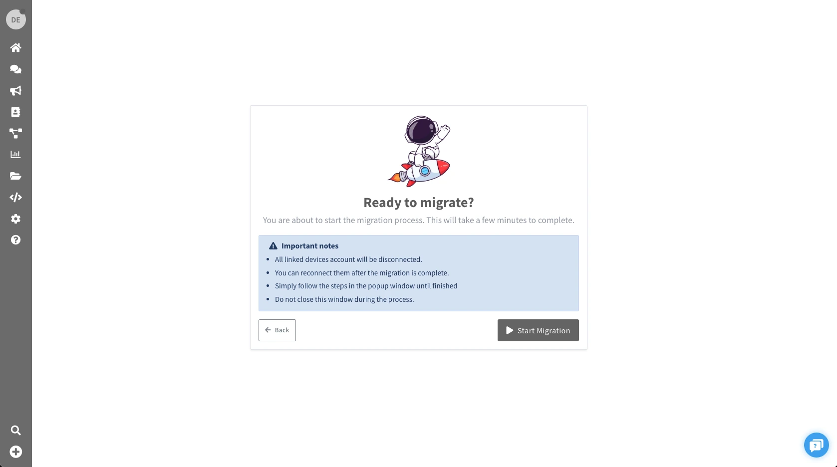 Screenshot showing the confirmation screen with important notes and the Start Migration button