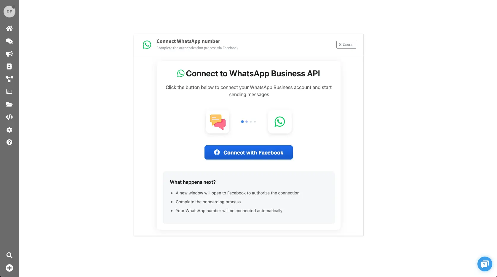 Screenshot showing the Meta Connect iframe popup window for Facebook authentication during migration