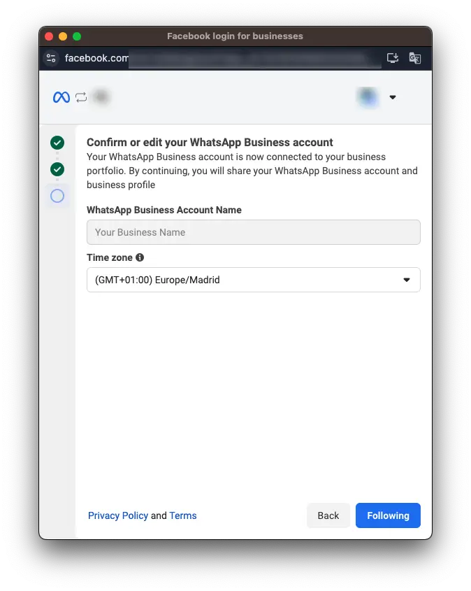 Screenshot showing the phone number confirmation step during WhatsApp Business API setup