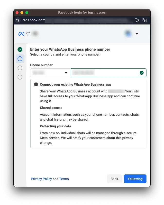 Screenshot showing the phone number entry form with country code dropdown and number field