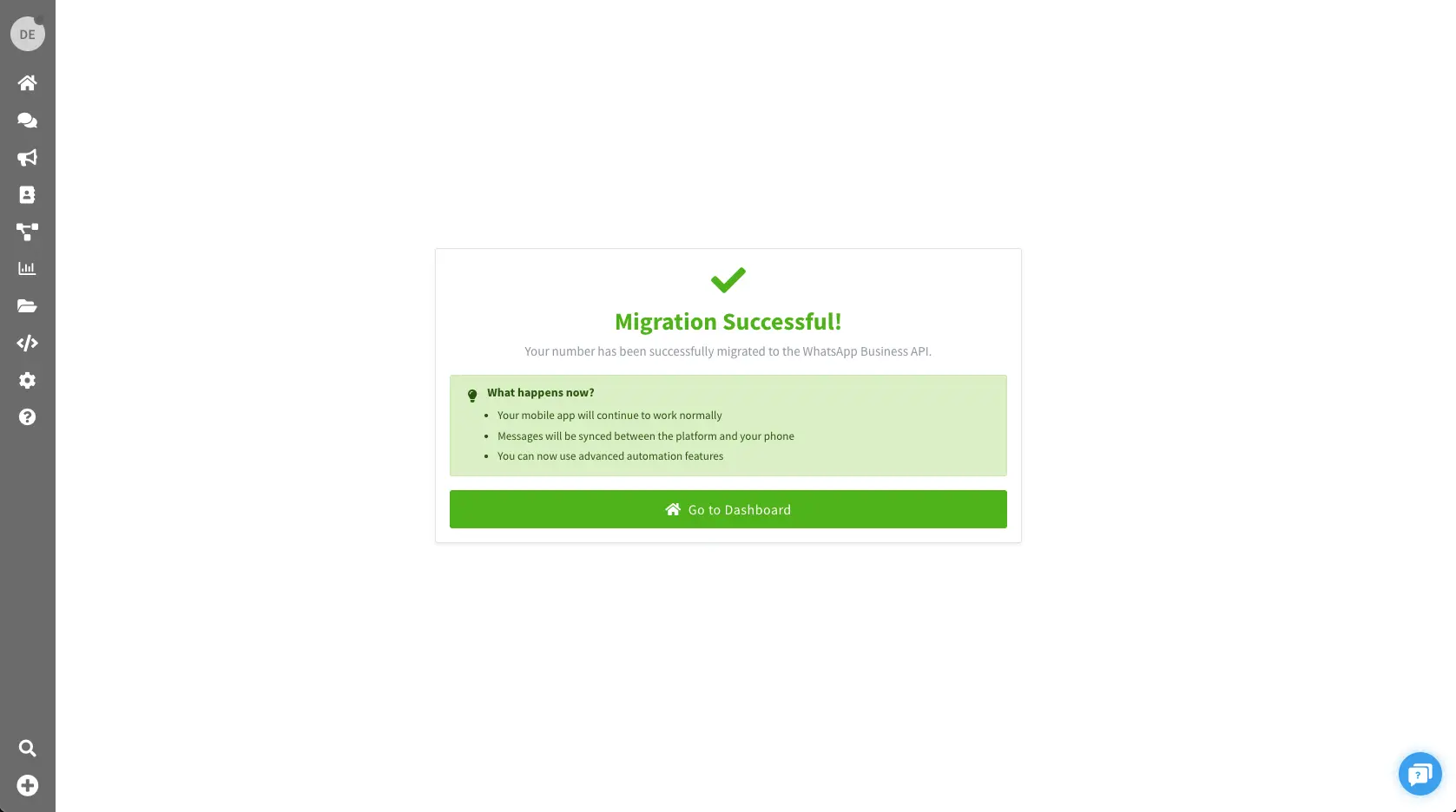 Screenshot showing the success message in the WhatsTeam app after completing the migration process