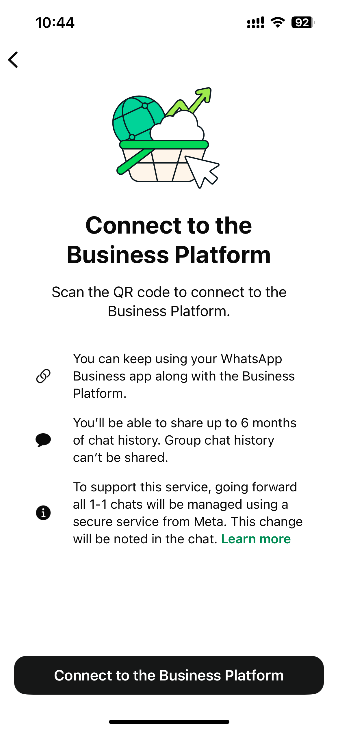 Screenshot showing the WhatsApp Business App share conversation history prompt during coexistence setup