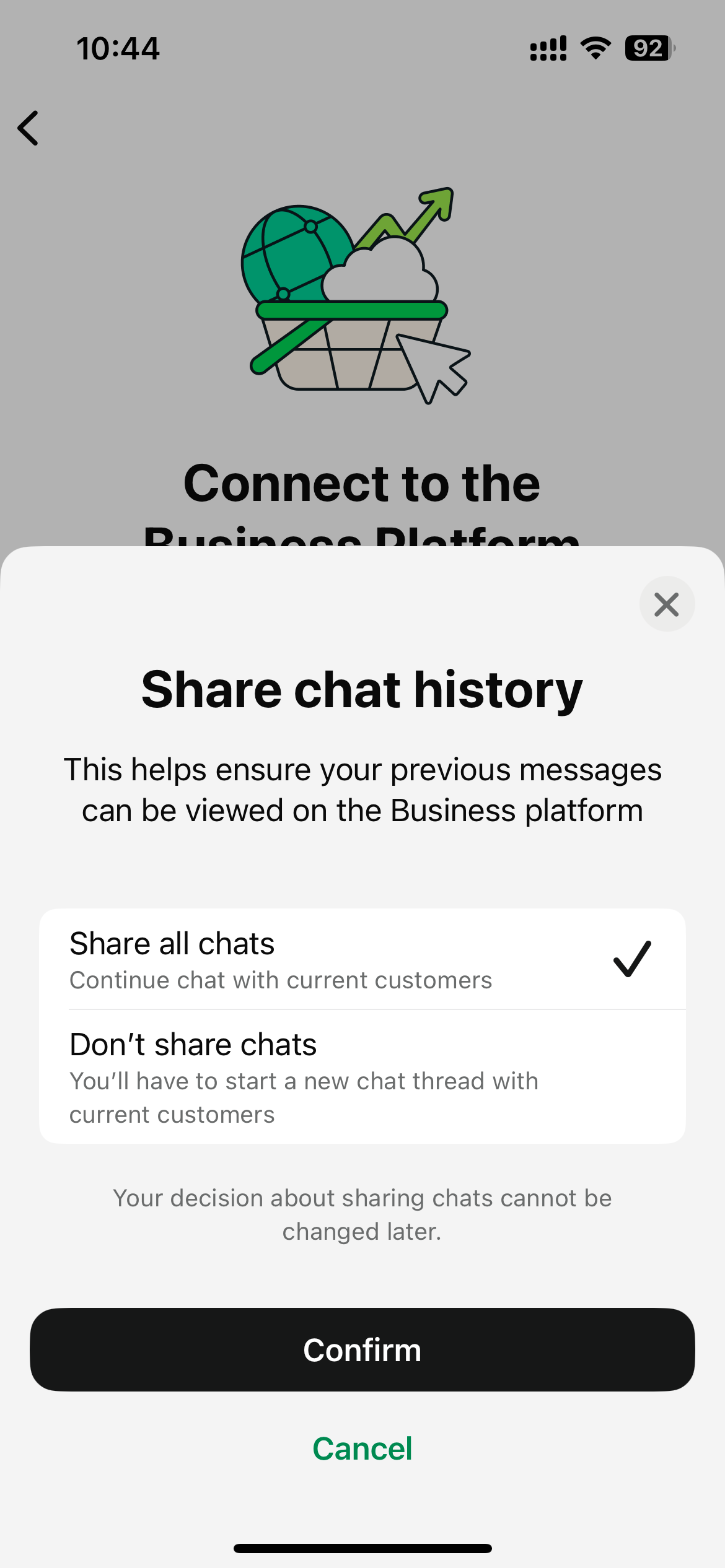 Screenshot showing the synchronization progress screen while sharing WhatsApp Business App conversation history