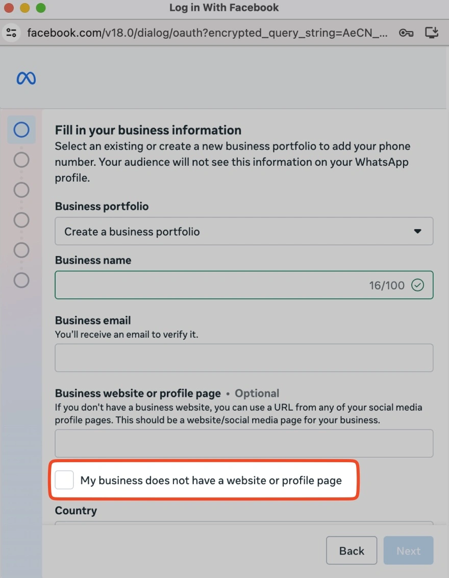 Screenshot showing the no website option during WhatsApp Business API embedded signup registration flow