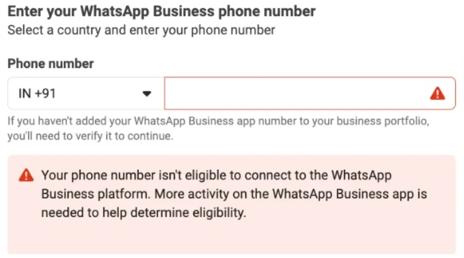 Screenshot showing the phone number not eligible error message in the WhatsApp Business Platform signup