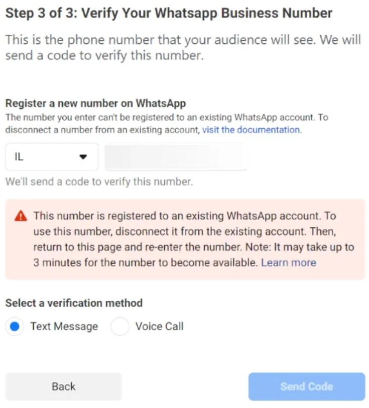 Screenshot showing the error that the number is registered to an existing WhatsApp account